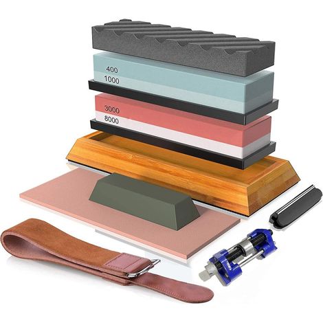 Premium-Schärfsteinset (400/1000/3000/8000), rutschfeste Basis, Messer