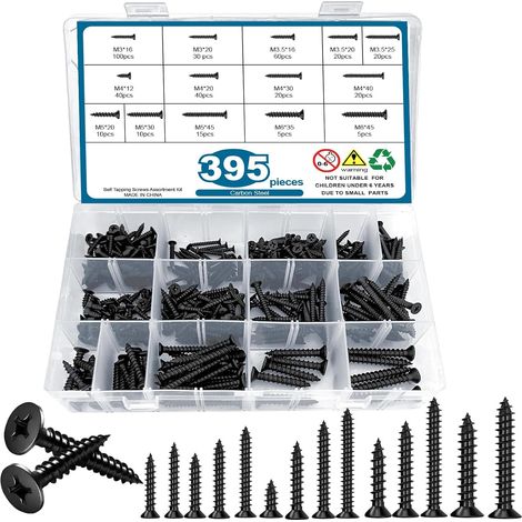 Lot de 395 vis autotaraudeuses M3/M3,5/M4/M5/M6 cruciforme à tête fraisée Assortiment pour bricolage et réparation dans la maison et l'atelier (1/5)