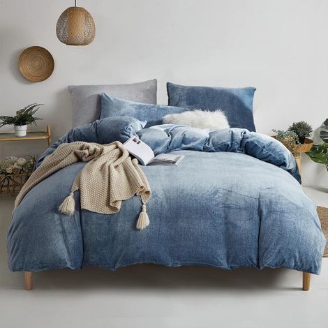 Bettwäsche-Set 200x220cm Blau Plüsch Warm mit Reißverschluss & 2 Kissenbezügen