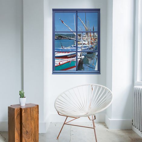 Sticker Fenêtre 3D Trompe l'Oeil - Photo Port de Pêche St Tropez, 68x48cm, Décoration Murale Intérieure (1/2)