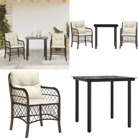 Set Bistrò 3 pz con Cuscini Marrone in Polyrattan - Sedie da esterno - Tavolo da giardino