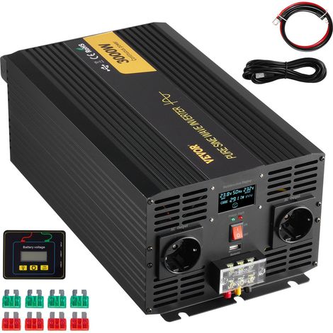Onduleur à onde sinusoïdale pure, 3000 W, onduleur de voiture CC 24 V vers CA 230 V, avec port USB, écran LCD, télécommande, prise EU, pour camping-car, camion, voiture, système solaire, voyage (1/5)
