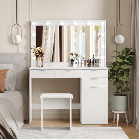 White Large Dressing Table with LED Light Mirror and Stool, Vanity Makeup Table w/ 4 Drawers 1 Closed Storage, Bedroom Makeup Desk Dresser for Girls Women