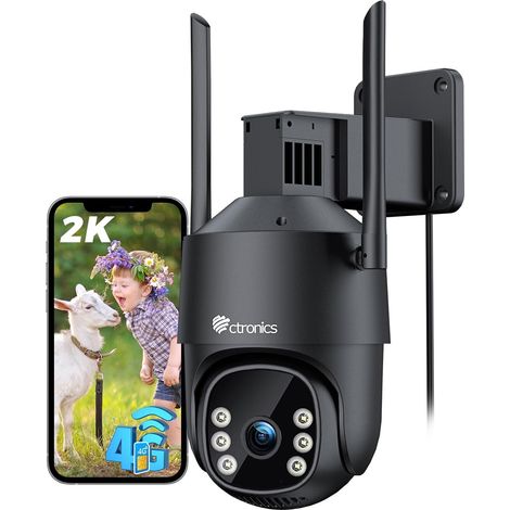 Ctronics Caméra de Surveillance Extérieure 4G LTE 2K avec SIM – PTZ, Détection Humaine AI, Suivi Auto, Vision Nocturne Couleur, Enregistrement 24/7