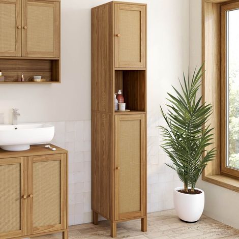 Mueble de baño de columna HANAE, 2 puertas y 1 compartimento, con efecto de mimbre natural
