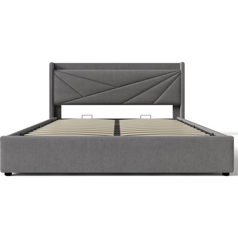 CAIziLit double rembourré avec coffre de rangement, tête de lit avec charge USB Type C, cadre de lit en lin, lit ado 160x200 avec sommier à lattes (sans matelas) (1/5)