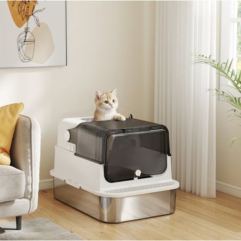 Bac à litière XXL en inox pour grands chats et foyers multi-chats, double accès, blanc (1/5)