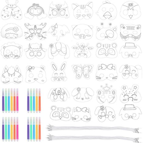 Maschere di animali per bambini, maschere di cartone bianche da colorare, maschere per cosplay con pennarelli acquerellabili per bomboniere, feste di compleanno, 32 pezzi