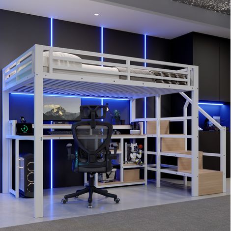 Cama alta (140x200 cm), con almacenaje, iluminación LED, puerto USB y Type-C, MDF y metal, blanca (1/5)