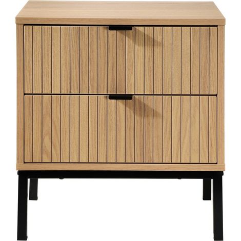 Calicosy – Table de chevet 2 tiroirs effet bois rainuré H51cm – Façades lattes verticales – Poignées métal noir – Piétement métal noir – Largeur 45cm (1/5)