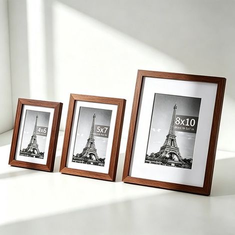 Ensemble de trois cadres photo décoratifs et créatifs, parfaits pour la maison ou à poser, pour accrocher photos, images, affiches, puzzles, etc. Finition bois noyer. (1/5)