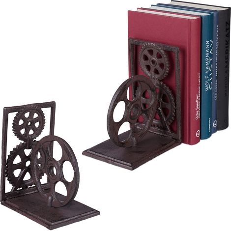 2x Fermalibri Retrò, Ghisa, Ruota Dentata, Pellicola Cinematografica, Decorazione per Libri 16x13x10 cm, Marrone