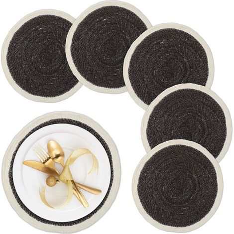 Relaxdays Tischset, 6-teilig, geflochten, Seegras, Ø 37 cm, rundes Platzset für Esstisch, Platzdeckchen, schwarz/creme