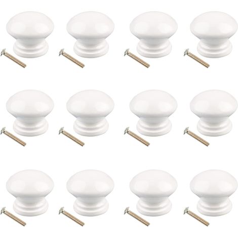 Lot de 12 Bouton de Meuble, Poignée Meuble Bois avec Vis, Poignee de Meuble Ronds Blanc, Boutons de Portes pour Placards, Commodes, Armoires