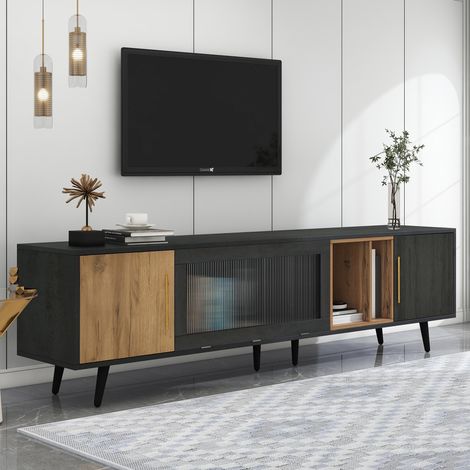 Meuble TV avec 2 Portes, 1 Porte Abattante en Verre et Niche, Passe-câbles, en MDF, 200×40×55,5 cm, Gris (1/5)