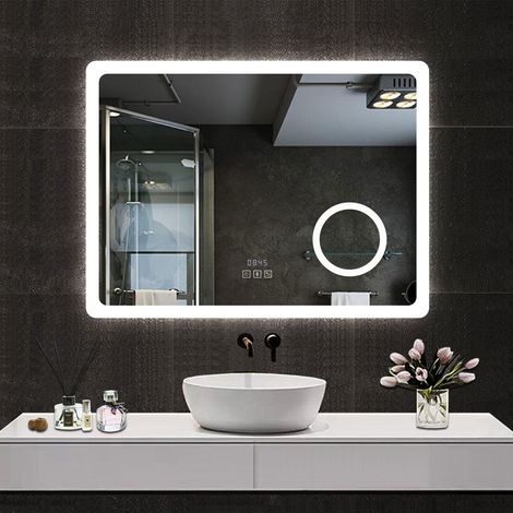 Ducha Casa Espejo de baño con led , rectangular, 80 x 60 cm, luz con 3 colores, función bluetooth ,reloj electrónico,lupa 3x, antivaho, brillo ajustable, función de memoria agapada.