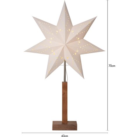 BUVTEC LED Standleuchte Stern Karo mit Holzfuß aus FSC®-Akazienholz – Weißer Papierstern 43 x 70 cm – Weihnachtsstern für Fenster, Wohnzimmer & Weihnachtsdekoration