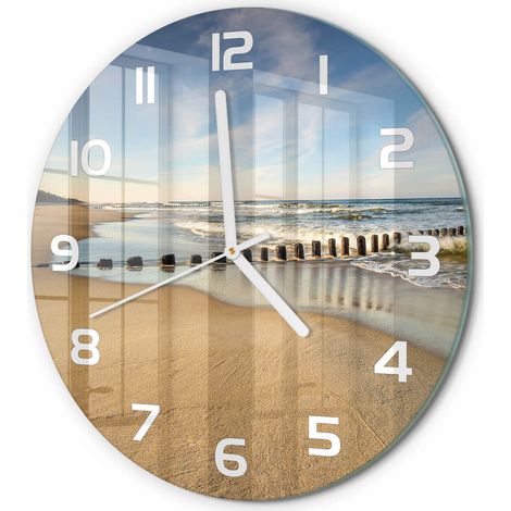 Horloge Murale Ronde Déco Salon Verre Trempé Silencieuse Design Contemporain Plage sur la mer Baltique fi 30 cm (1/5)