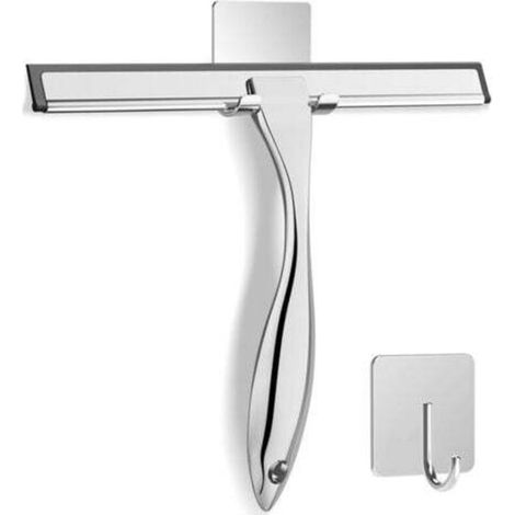 Stainless steel shower scraper with wall hook, self-adhesive bathroom wiper