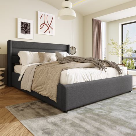 Bett mit Stauraum 160x200 cm modern, grauer Leinenbezug, gepolstertes Kopfteil, hydraulisch hochklappbarer Lattenrost (1/5)