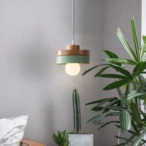Suspension Moderne Rond Lustre Abat-jour en Bois et Métal Vert, E27 Luminaire Éclairage de Plafond pour Salon Salle (1/5)