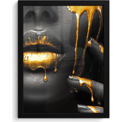 AFFICHE ENCADRÉE Femme - Noir - Or - Visage - Lèvres Décoration Murale 30x40 (1/5)