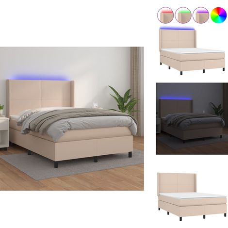 Sommier à lattes de lit matelas LED Cappuccino 140x190 cm - Lit Capitonné - Lit Avec Éclairage Led - Lit Design - Lit Double - Sommier Tapissier (1/5)