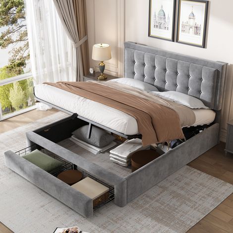 Lit double capitonne style europeen 140x190 cm velours gris avec tete de lit reglable, sommier a lattes et 2 tiroirs (1/5)