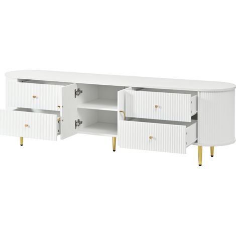 Meuble TV, meuble bas, structure ondulée tridimensionnelle, bords arrondis, corps en MDF, poignées en aluminium, pieds en fer, étagère fixe, passe-câbles, salon (1/5)