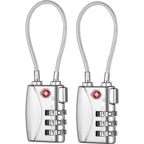 Lot de 2 cadenas à combinaison 3 chiffres TSA pour bagages, argent (1/5)
