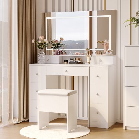 Coiffeuse avec LED éclairage, Grand miroir, tiroirs de rangement, tabouret inclus, Table de maquillage, gain de place, blanc