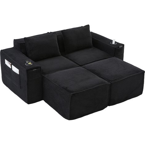 Sofa modular de 2 plazas con portavasos y bolsillos laterales, pana, negro (1/5)