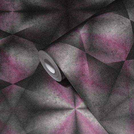Papier peint géométrique violet, gris et noir Tapisserie illusion effet optique Papier peint graphique idéal pour couloir (1/5)