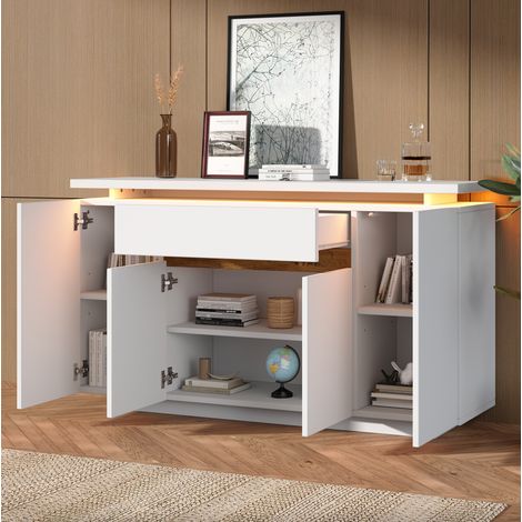 Aparador LED 140x40x80 cm de aglomerado blanco con 1 cajón para salón - MEUBLIV (1/5)