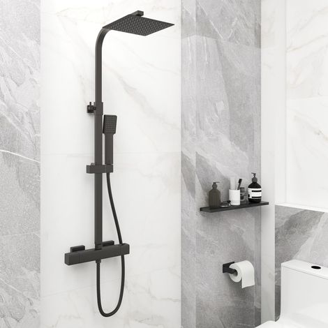 AICA Matte Black Thermostatic Mixer Shower Set Square Twin Head Exposed Valve