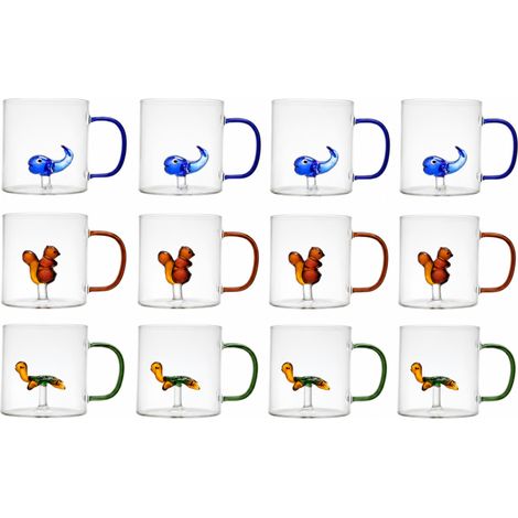 Lot de 12 mugs en verre 30 cl avec figurine animaux - 3 modèles assortis - Anses colorées - Livraison gratuite (1/5)