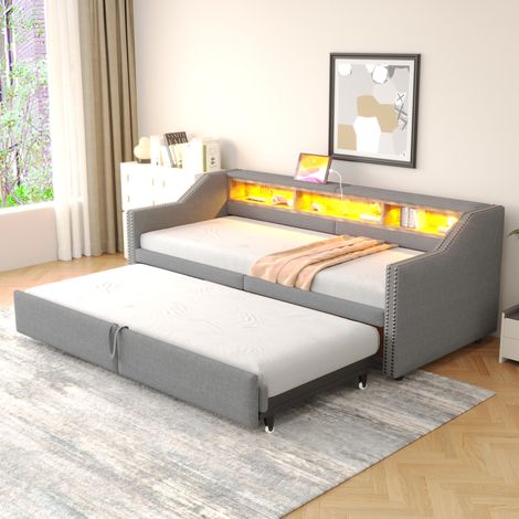 Letto estraibile imbottito 90/180x200 cm grigio chiaro OKMYHOME (1/5)