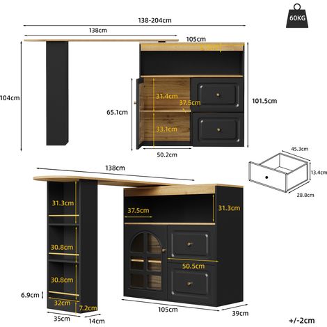Meuble sideboard rotatif noir, 360° avec étagères et vitre arquée, 2 tiroirs, rangement snack ouvert, design épuré moderne, idéal chambre, salon, salle à manger. (1/5)