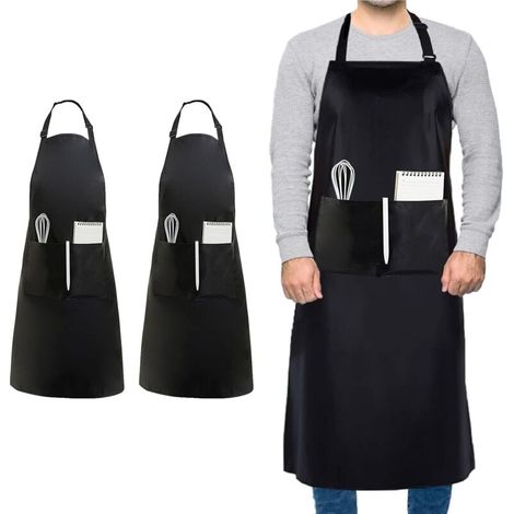 2 Pcs Plus Taille Tablier de Chef, Unisexe Noir Tablier, Imperméable Tablier avec 2 Poches pour Cuisiner, BBQ, Travail, Professionnel Tablier pour Serveur Artiste Coiffeur (Grande Taille)