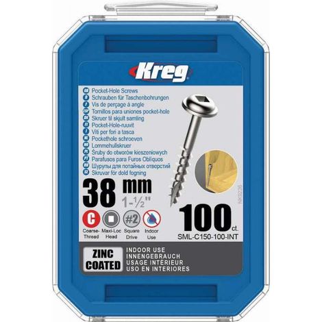 Tornillo de zinc KREG 38 mm con rosca gruesa - Caja de 100 tornillos - SML-C150-100-INT