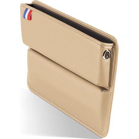 Organisateur d'espace entre les sièges auto (beige) - Boîte de rangement en cuir PU - Porte-téléphone, clés, lunettes, portefeuille, cartes - Accessoire auto (1/5)