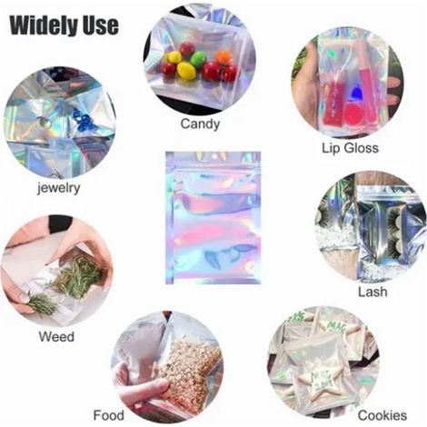 100 sachets cellophane holographiques à fermeture automatique, 9 x 12 cm, à effet irisé, pour bonbons et biscuits. (1/5)