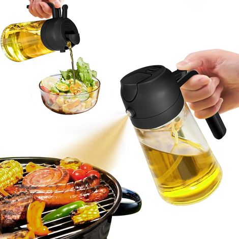 2-in-1 Ölsprüher und Olivenöl-Spender, 470-ml-Premium-Glasflasche, lebensmittelechter Ölzerstäuber für Küche, Airfryer, Salate und Grillen (schwarz) (1/5)