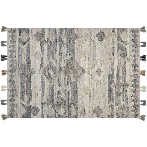 Alfombra kilim de lana gris beige 160 x 230 cm a mano patchwork borlas Aratashen