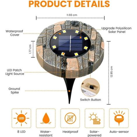 Lampes Solaires de Sol, 8 LED Solaires pour Extérieur en Résine, Spots de Jardin Étanches IP65, Luminaires de Pelouse, Terrasse, Allée, Chemin - Blanc Chaud (Lot de 4) (1/5)