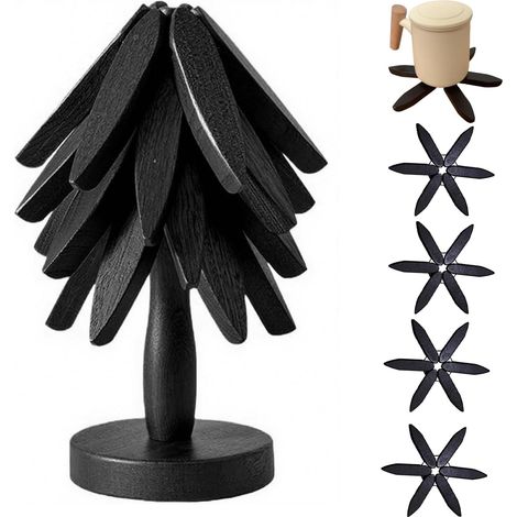 Dessous de plat en bois, forme sapin, noir, avec support (1/5)
