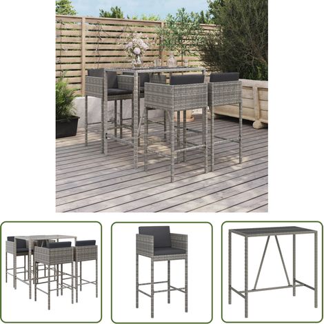 The Living Store Ensemble de bar de jardin 5 pcs avec coussins gris poly rotin - Ensemble Salon De Jardin - Mobilier De Jardin - Set De Bar Extérieur - Table Et Chaises De Jardin - Résine Tressée (1/5)