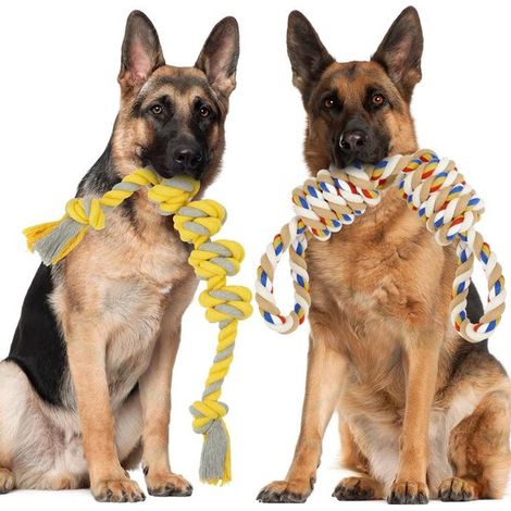 Set mit 2 extrem robusten, 56 cm langen Seil-Hundespielzeugen – aus strapazierfähiger Baumwolle – geeignet für mittelgroße bis große Hunde – Zerrspielzeuge, die zur Zahnreinigung beitragen.