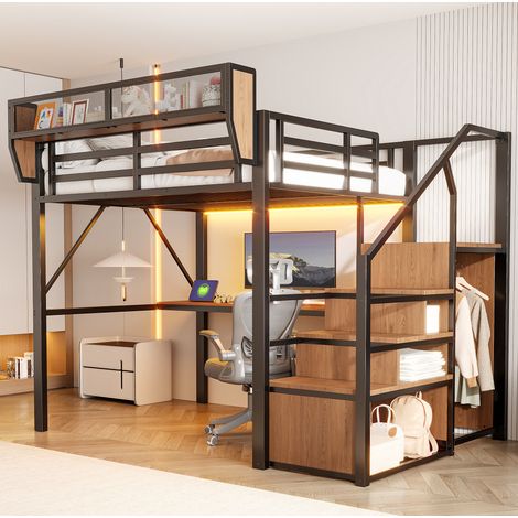 Cama alta 140x200 con escritorio y LED metal negro OKMYHOME (1/5)