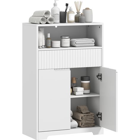 HOMCOM armario de baño estrecho, mueble de baño con cajón con frontal acanalado, estante abierto, 2 puertas y estante ajustable, 60x30x91,5 cm, blanco (1/5)